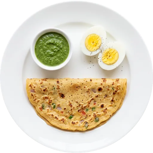 Boiled egg with besan chilla on a white plate