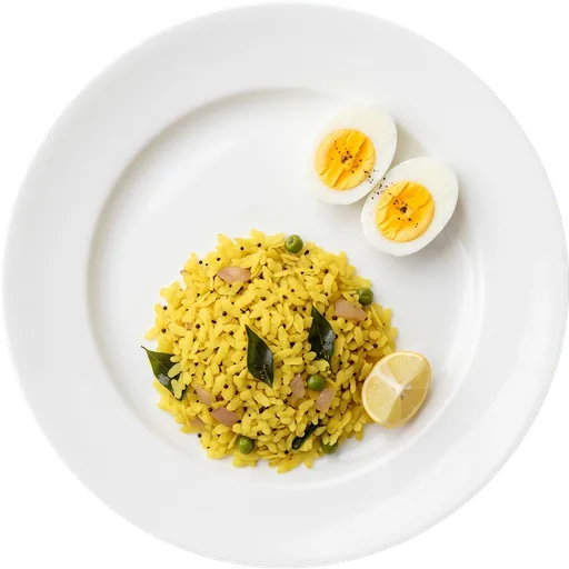 Boiled egg with vegetable poha on a white plate