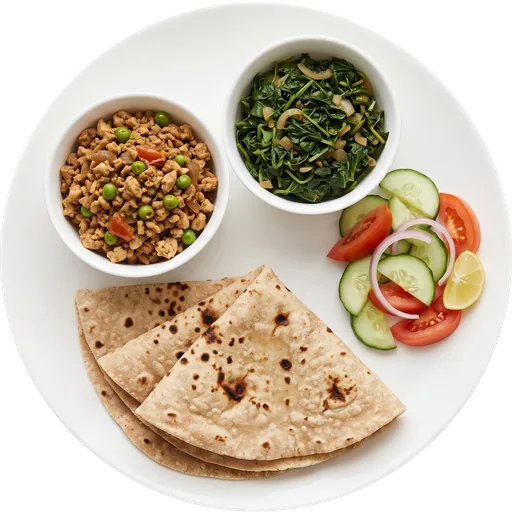 Chicken keema with roti and salad on a white plate