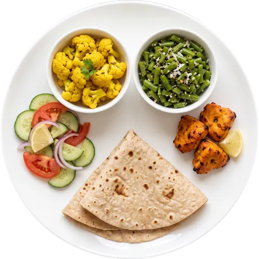 Chicken tikka with roti and salad on a white plate