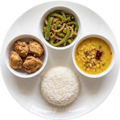 Chicken with dal, capsicum sabzi and rice on a white plate