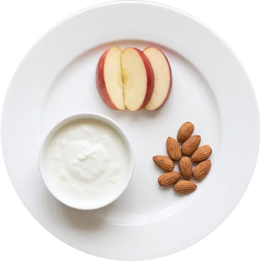 Curd with a fruit and almonds on a white plate