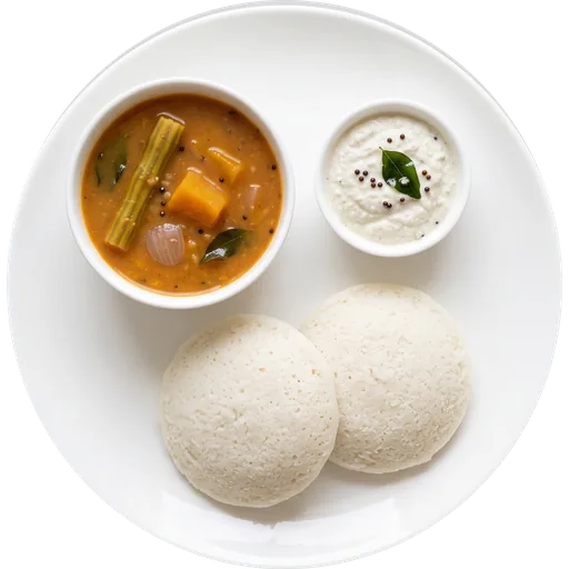Idli with sambar and coconut chutney on a white plate