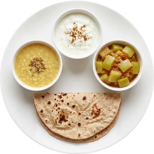 Moong dal, lauki sabzi, curd and roti on a white plate
