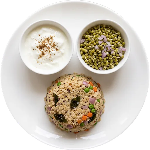 Oats upma with curd and sprouts on a white plate