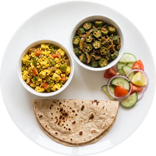 Paneer bhurji with bhindi, roti and salad on a white plate