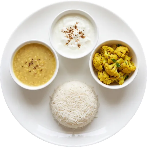 Rice, moong dal, gobi and curd on a white plate
