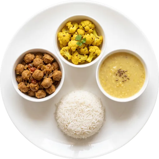 Rice, moong dal, gobi and soya chunks on a white plate