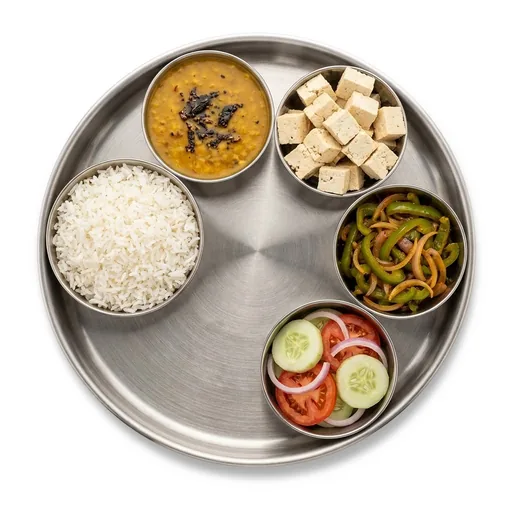 Rice with toor dal, tofu and cucumber salad