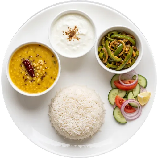 Rice with dal, capsicum sabzi and curd