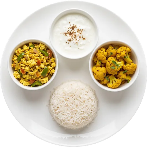 Rice with paneer bhurji, gobi and curd on a white plate