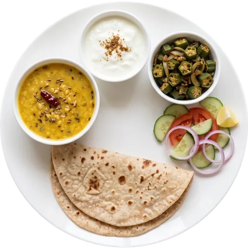 Roti with dal, bhindi sabzi, curd and salad