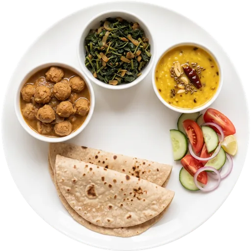 Roti, dal, soya curry and methi sabzi on a white plate