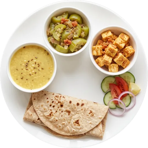 Roti with moong dal and paneer sabzi on a white plate