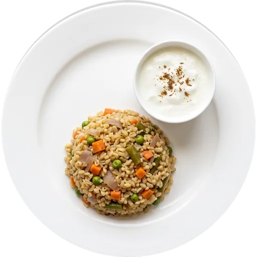 Vegetable daliya with curd on a white plate