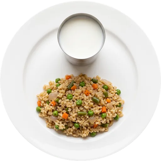 Vegetable daliya with milk on a white plate