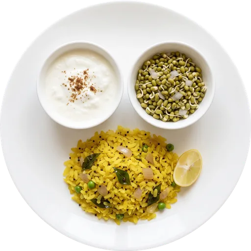 Vegetable poha with curd and sprouts on a white plate